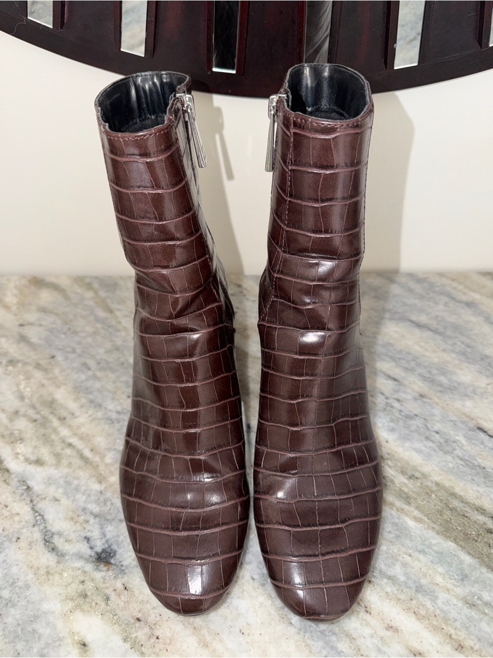 Zara Women’s Croc-Embossed Brown Ankle Boots with Block Heel